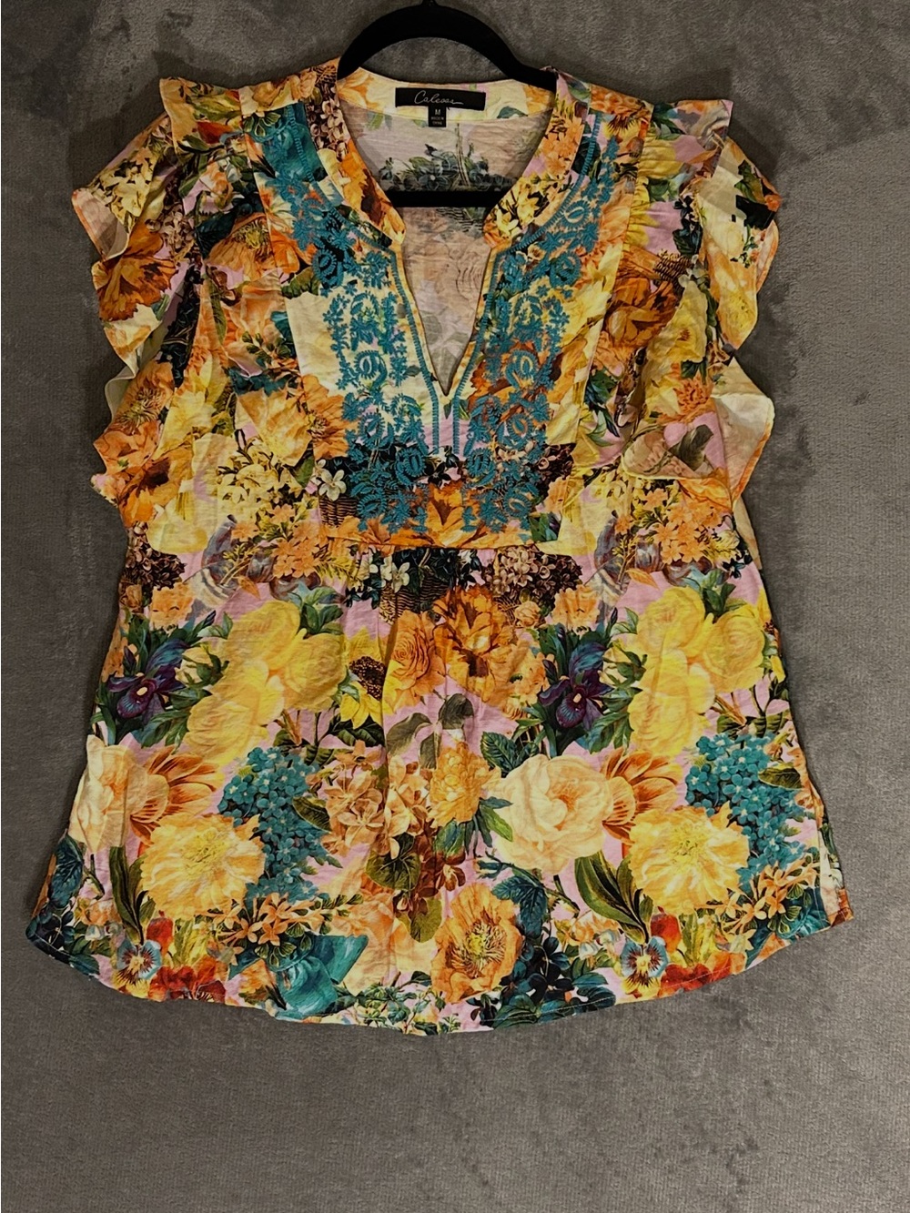 Boho Festival, Cottage Core Floral Blouse With Flirty, Flutter/Ruffle Sleeves M